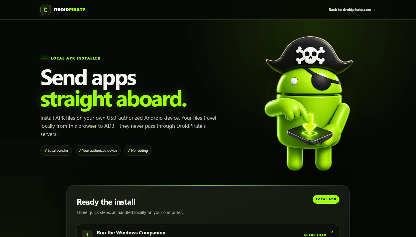 DroidPirate InstallAPK page showing its local APK installer introduction and privacy information