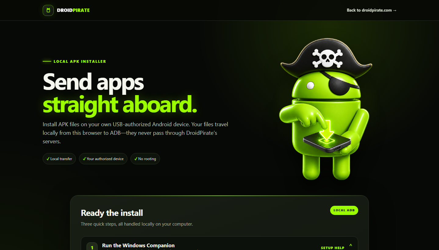 DroidPirate InstallAPK page showing its local APK installer introduction and privacy information