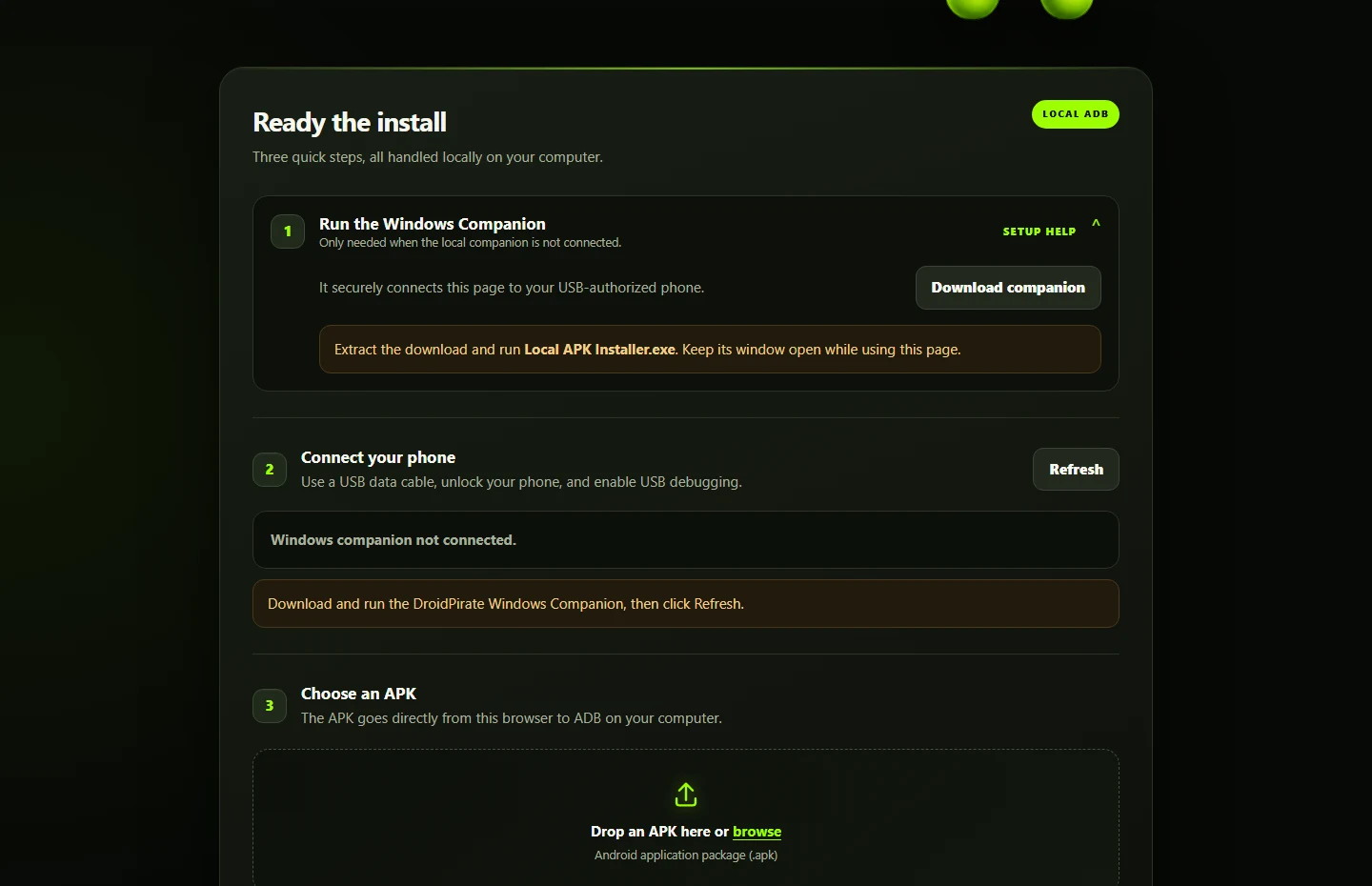DroidPirate InstallAPK guided setup showing the Windows companion, USB authorization, and APK selection steps